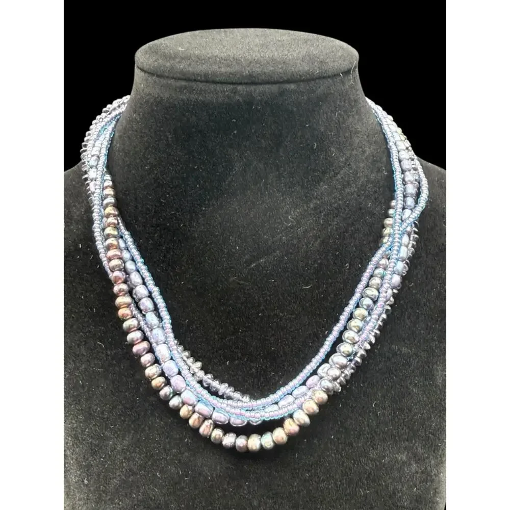 Sterling Silver 925 Multi-Strand Iridescent Blue Pearl Bead Necklace